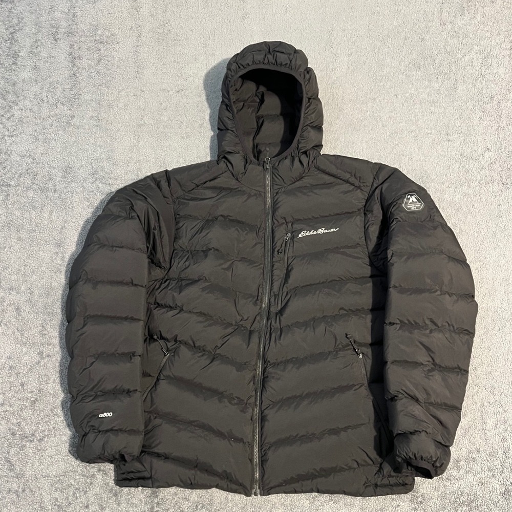 Eddie Bauer Mountain Ops EB800 Down Hooded Jacket Mens Large Black Puffer Coat